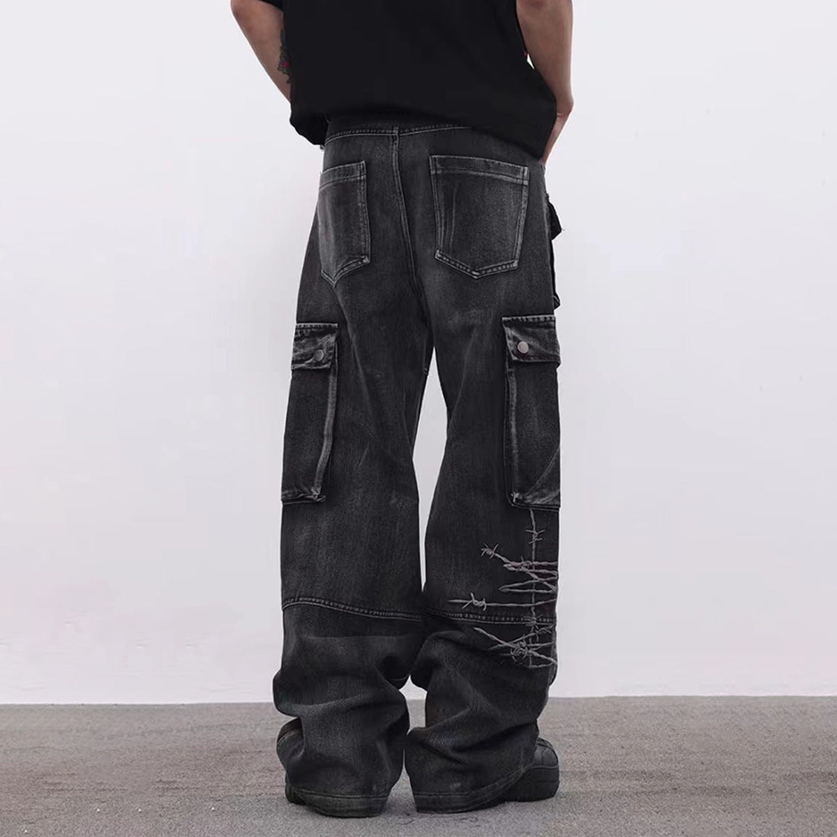 Cargo Pocket Embroidery Wide Leg Denim Jeans