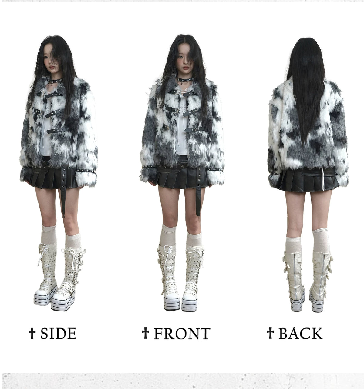 Studded Black And White Fake Fur Short Jacket