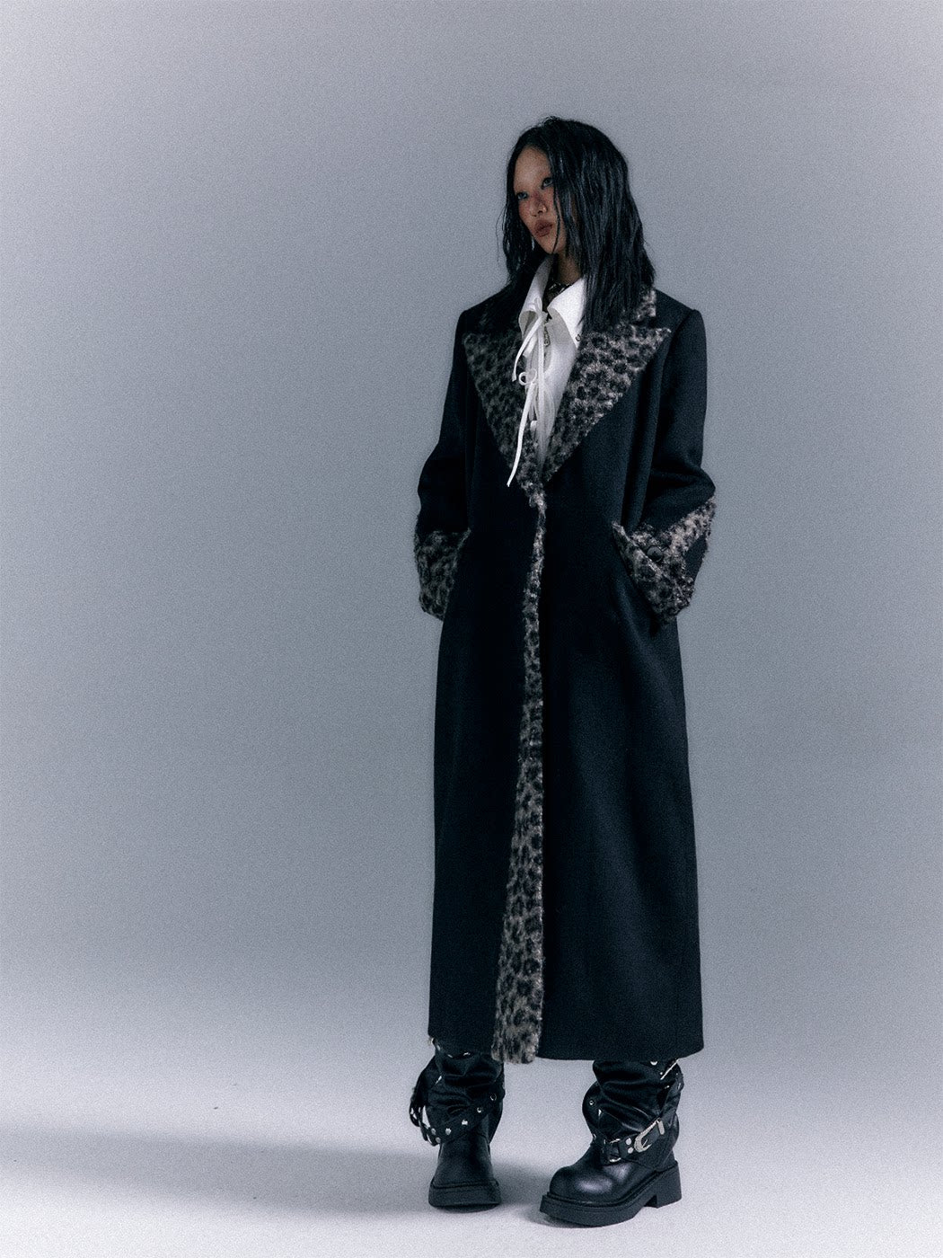 Shoulder Pad Leopard Print Patchwork Wool Coat