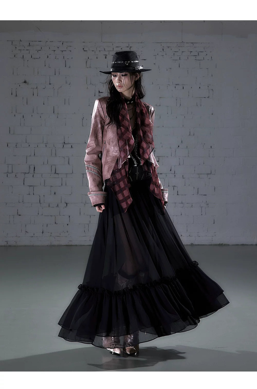 Ruffle Tie-Neck Slim Fit Long Sleeve Shirt