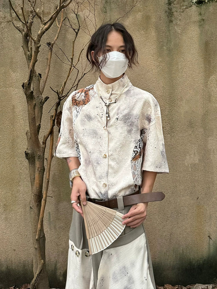 Chinese Style Jacquard Hollow Texture Stand Neck Short Sleeve Shirt
