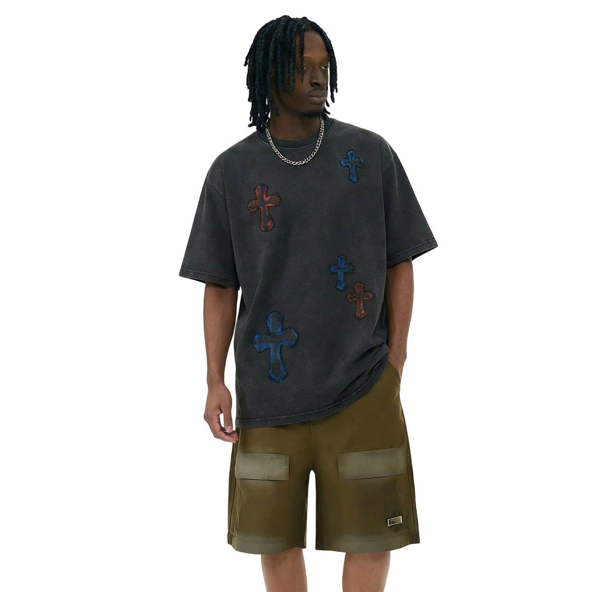 Washed Cross Applique Short Sleeve T-Shirt