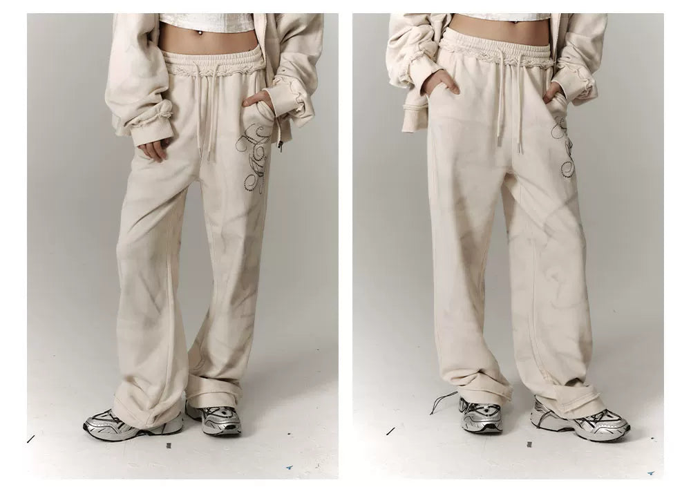 Washed Damage Oversize Zipper Hoodie & Wide Leg Pants Setup