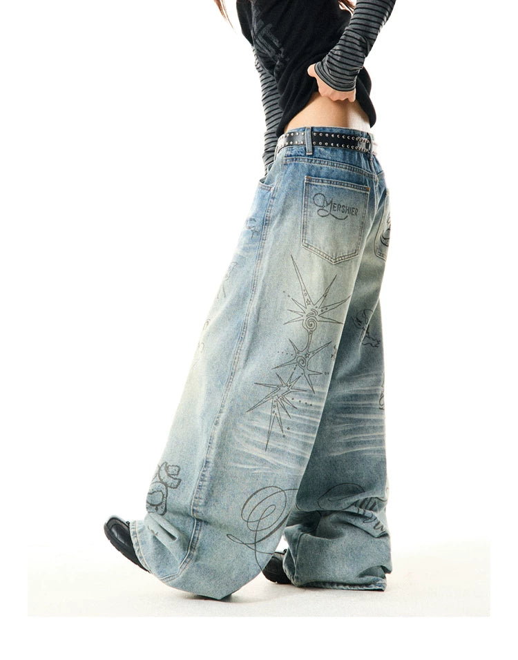 Washed Graffiti Print Wide Leg Denim Jeans