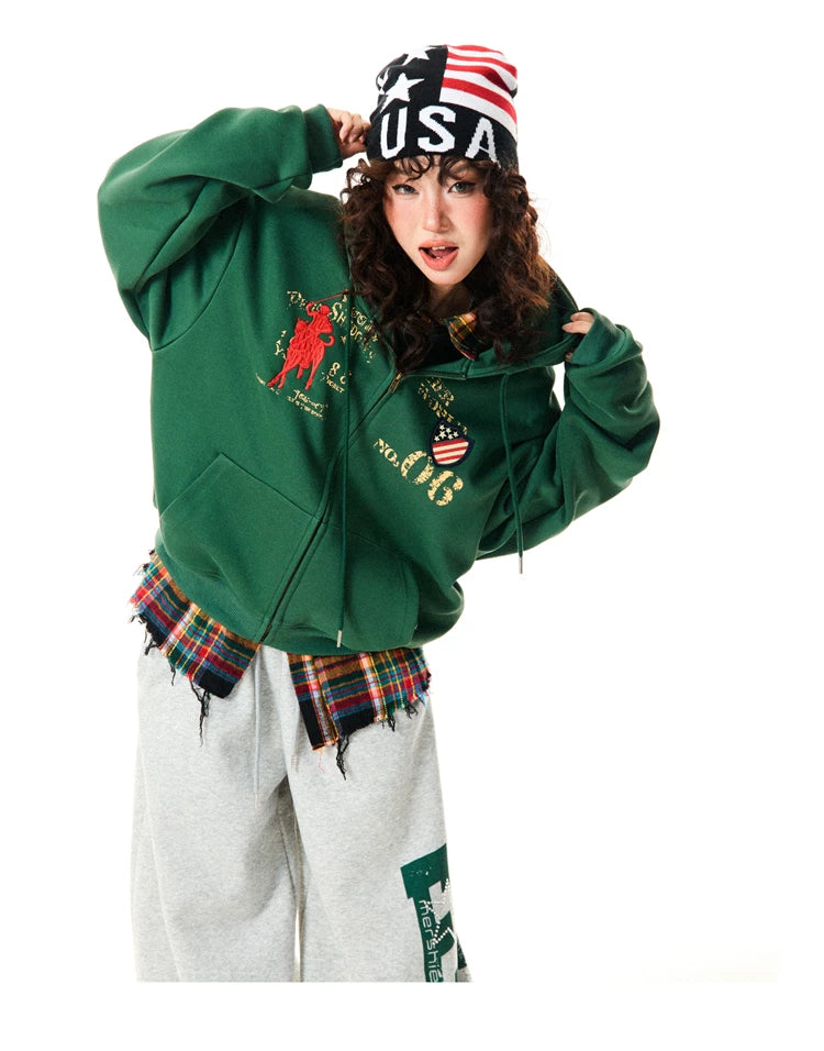 Letter Embroidery Washed Zipper Hoodie