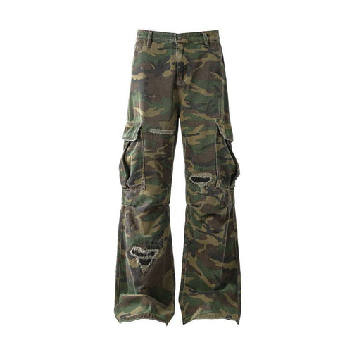 찢어진 카모플라주 플레어 카고 바지 - S / 위장