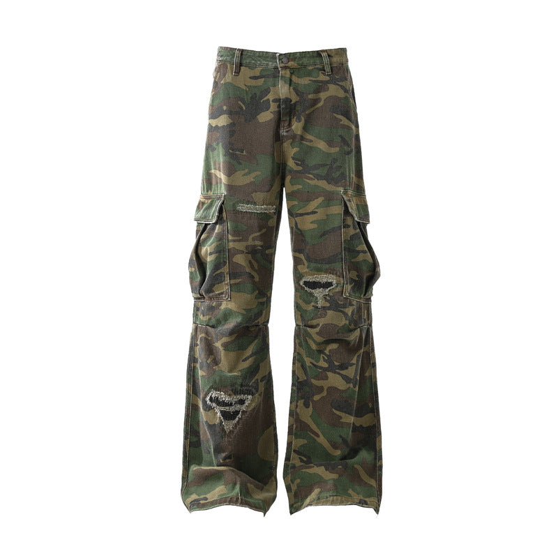 Ripped Camouflage Flared Cargo Pants - MADXMARX