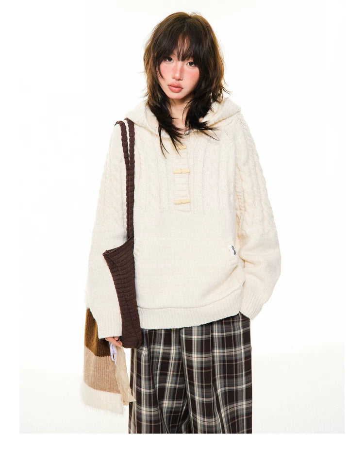 Hooded Toggle-Front Knit Sweater