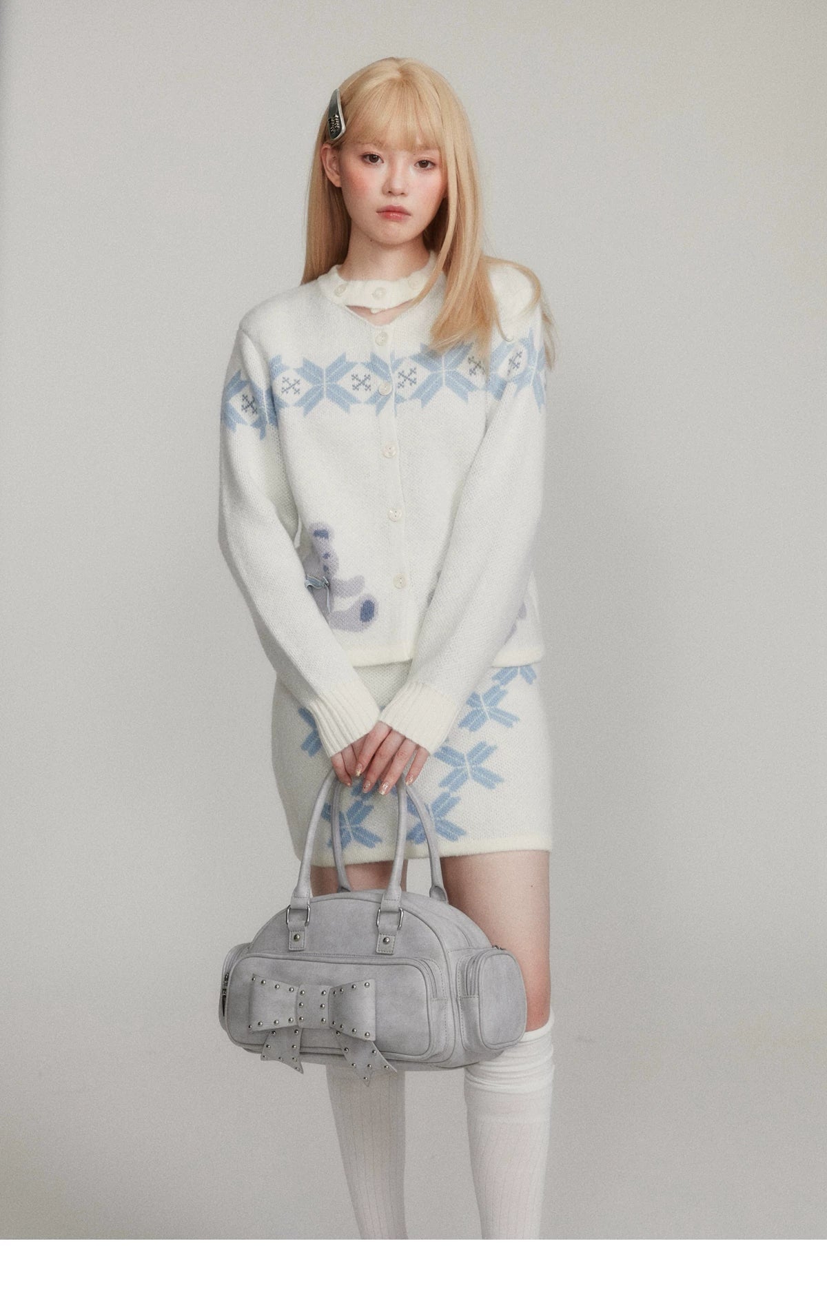 Teddy Bear Snowflake Knit Cardigan & Short Skirt Setup