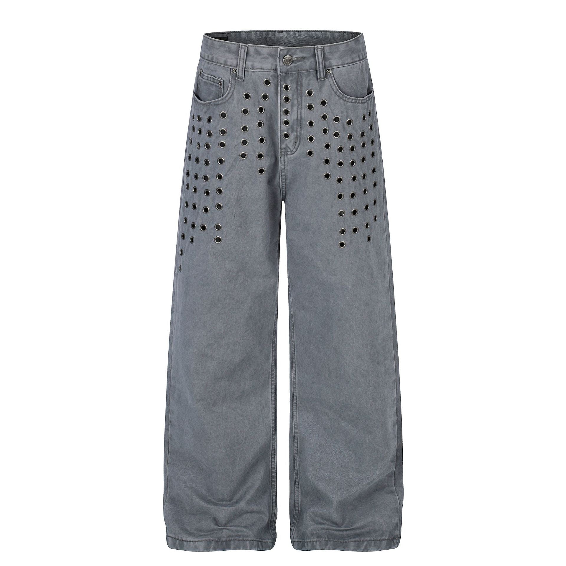 Washed Eyelet Wide Leg Denim Jeans