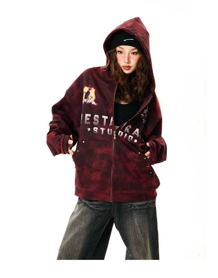 Tie-Dye Letter Print Oversize Zipper Hoodie