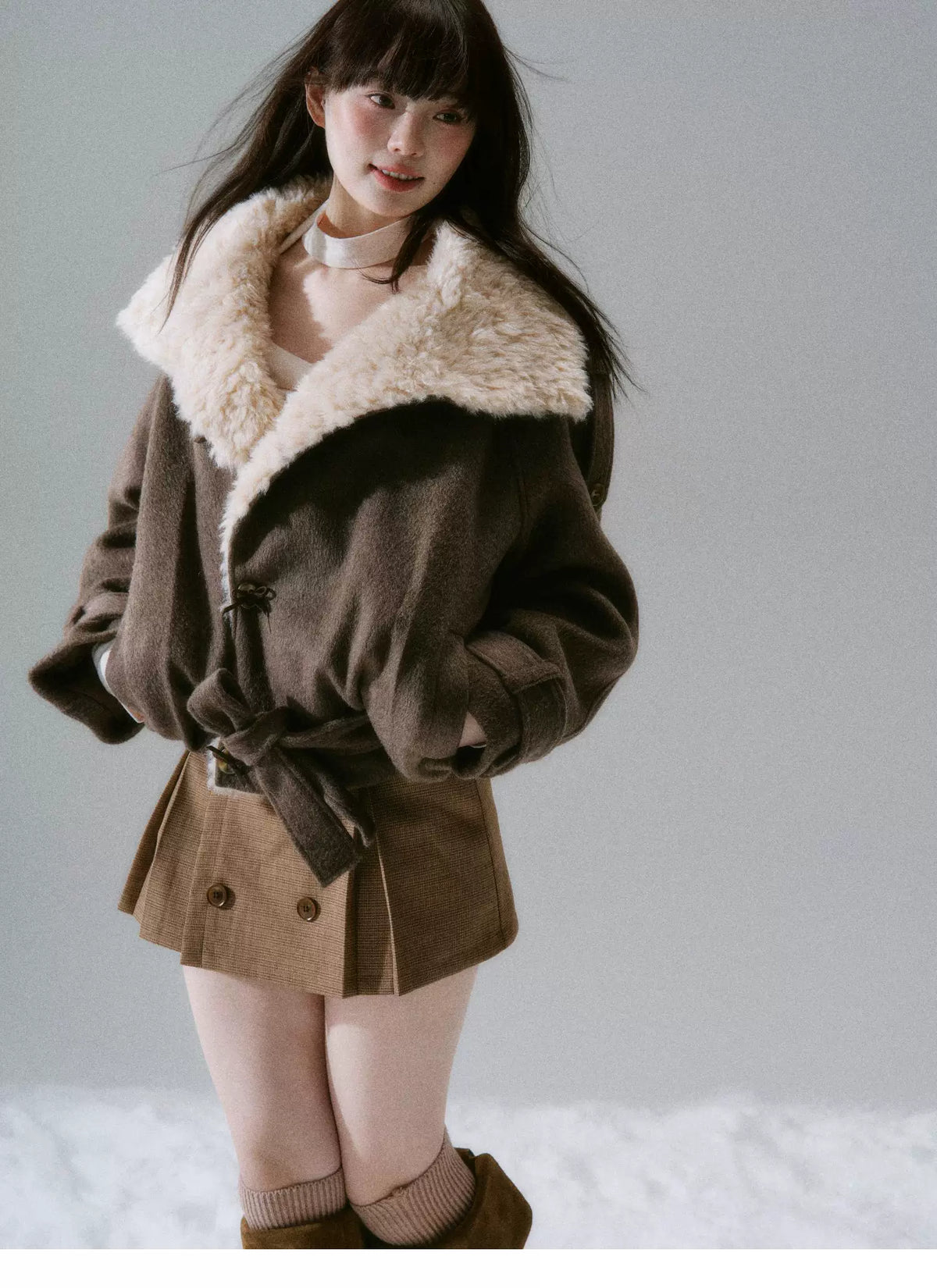 Fake Fur Collar Belted Jacket