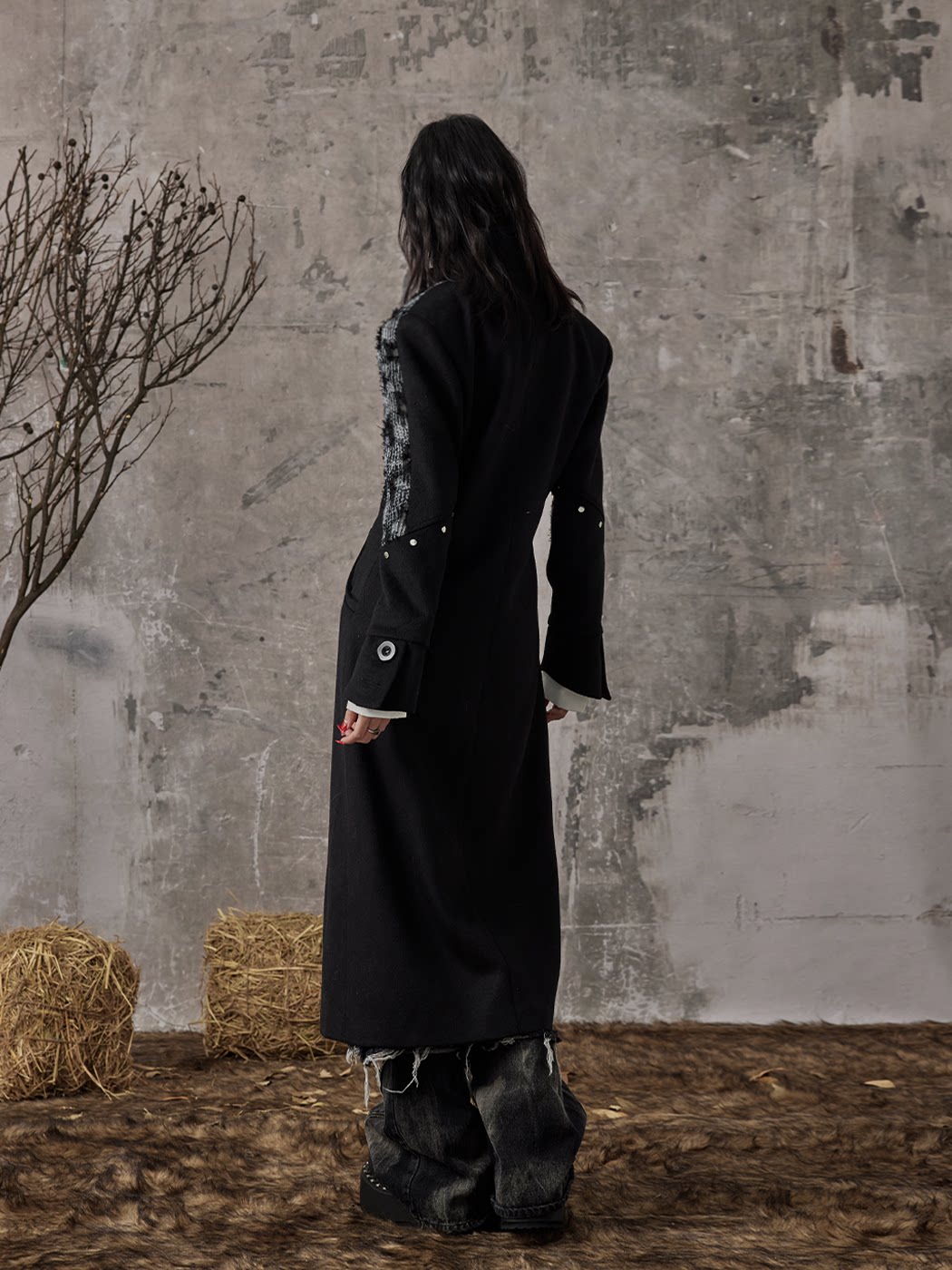 High-Neck Studs Patchwork Wool Coat