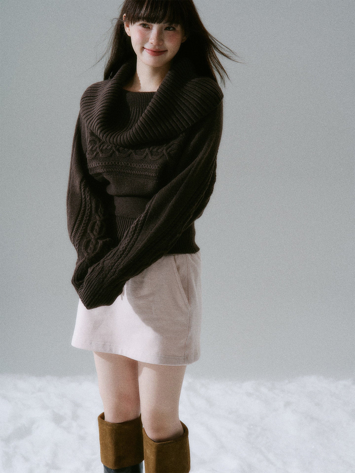 Ribbed Cowl Neck Cable Sleeve Knit Sweater