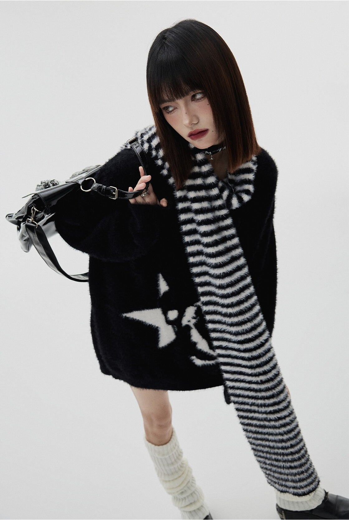 Mohair Skull Pattern Oversize V-Neck Knit Cardigan & Striped Scarf