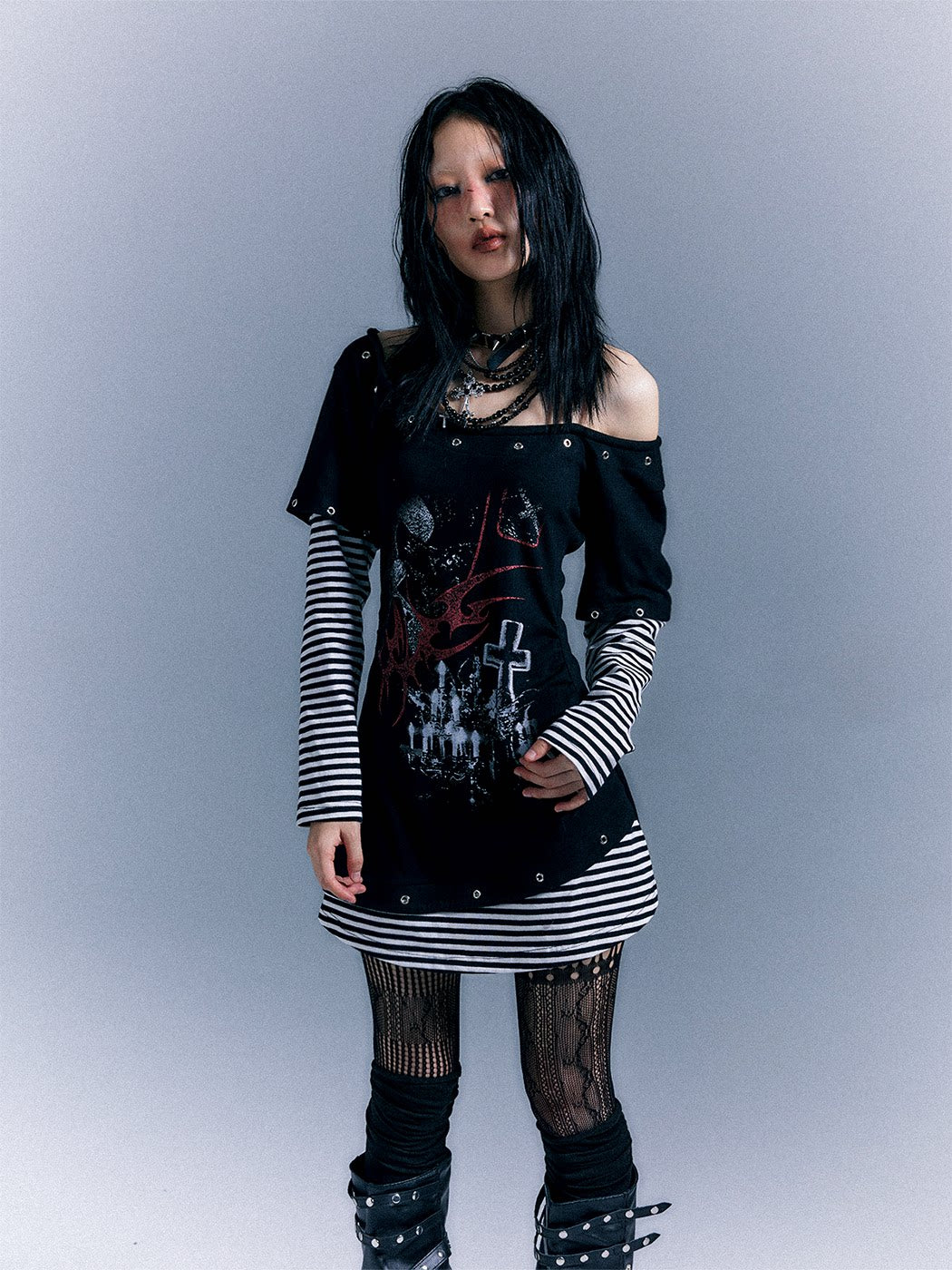 Light Punk Stripe Long Sleeve Graphic Waist-Cinching T-Shirt Dress