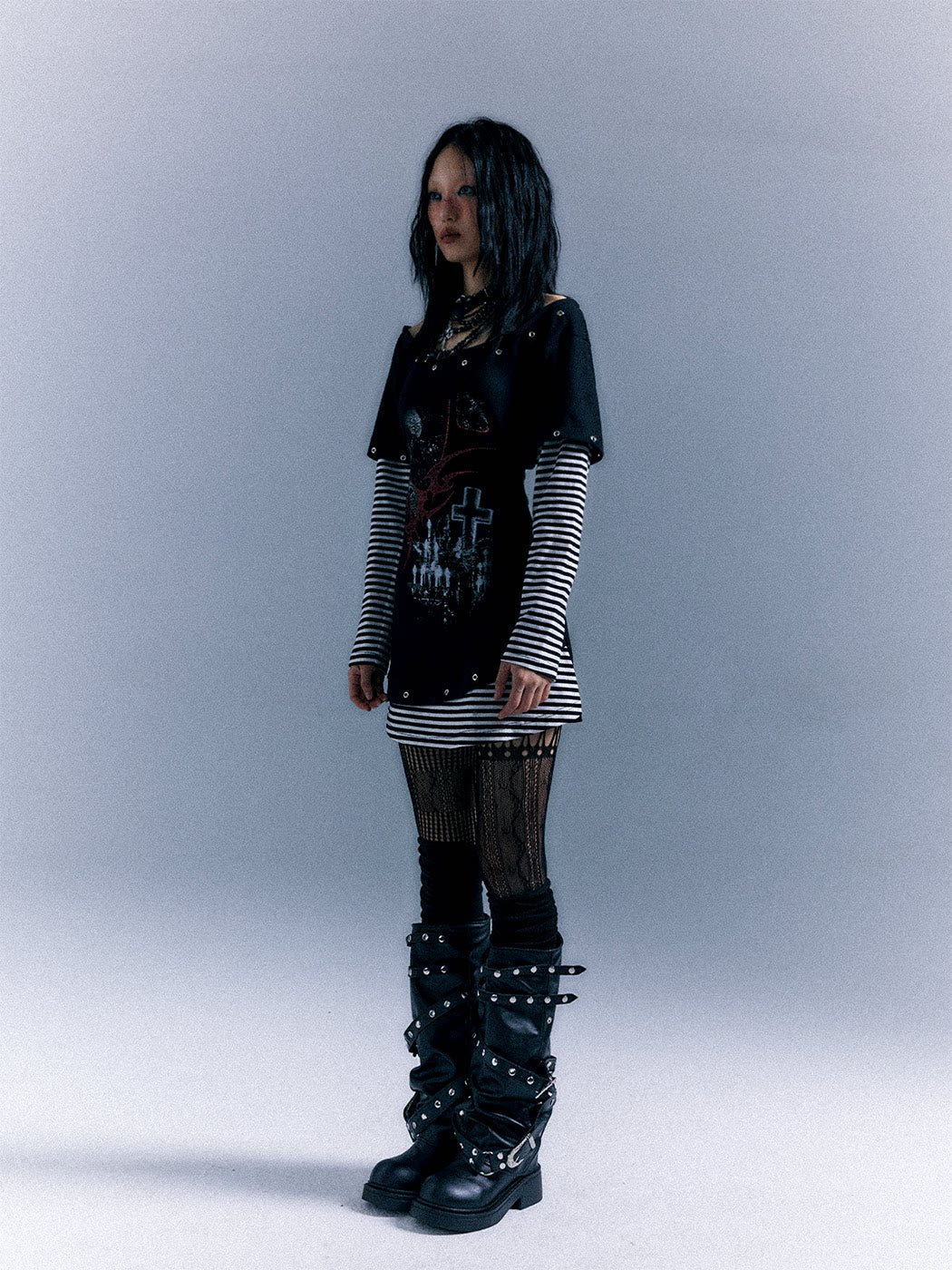 Light Punk Stripe Long Sleeve Graphic Waist-Cinching T-Shirt Dress
