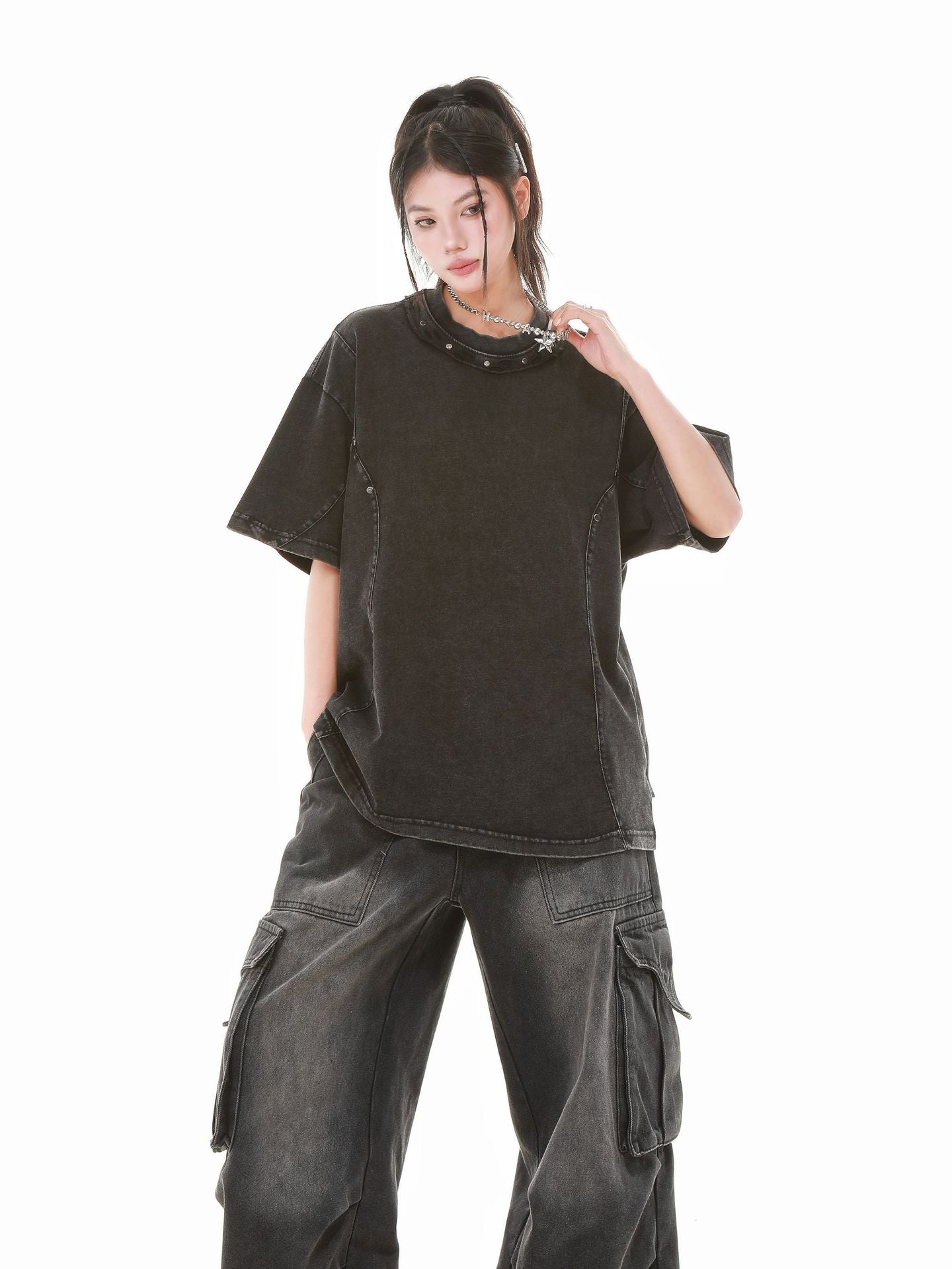 Heavy Washed Fade Stitching Short Sleeve T-Shirt