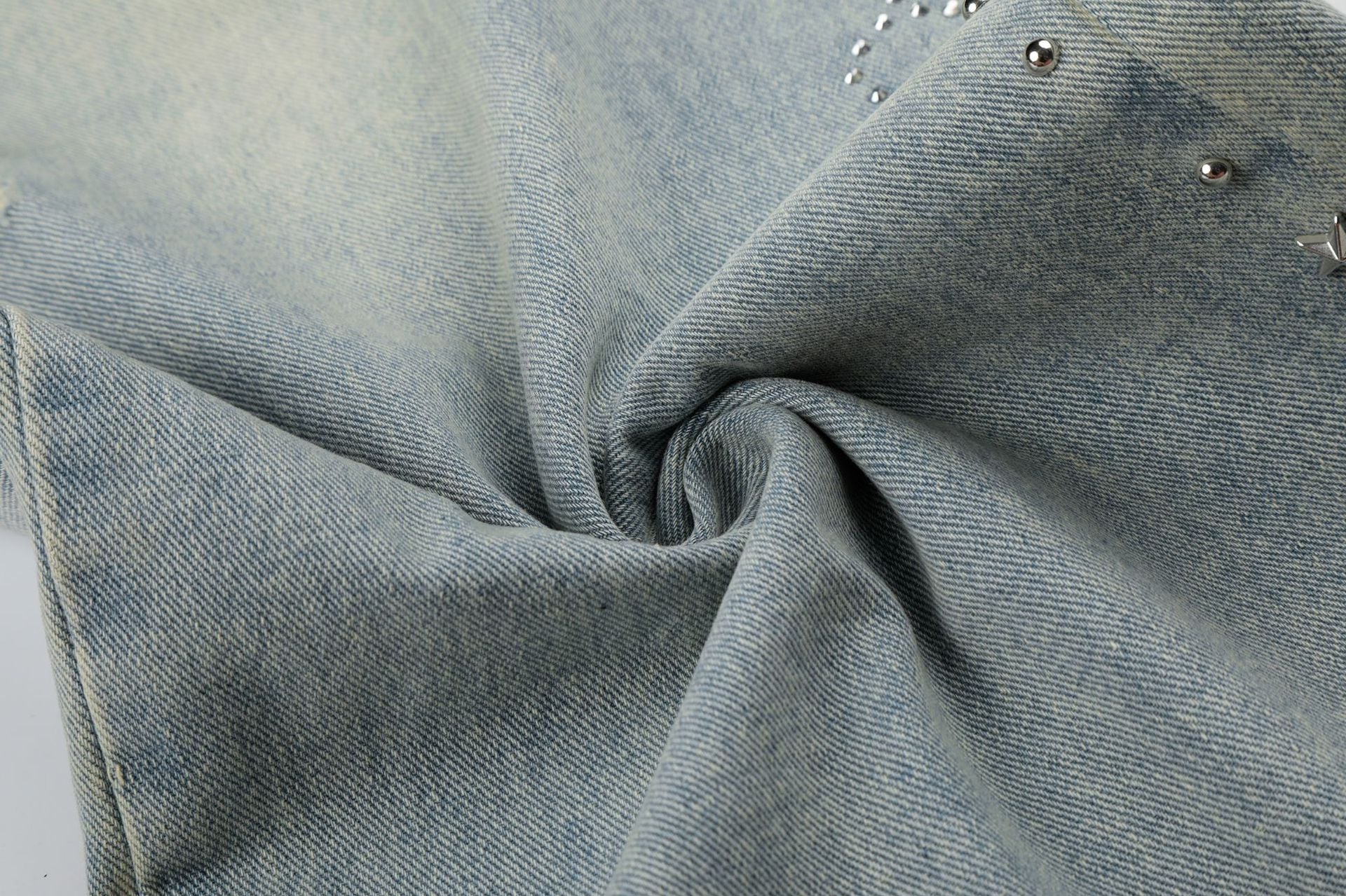 Washed Paint Studs Detail Wide Leg Denim Jeans