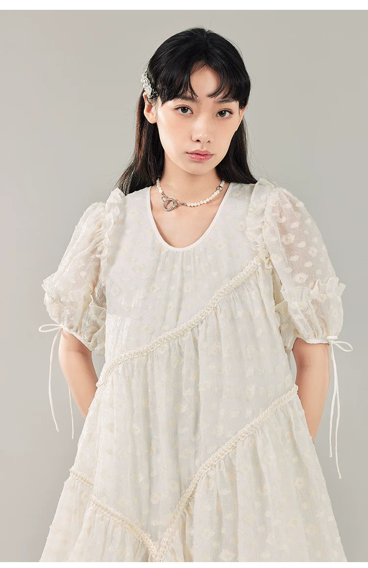 Jacquard Design Short Sleeve Dress With Irregular Hem Length