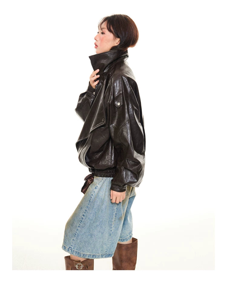 Asymmetrical Stand Collar PU Leather Jacket