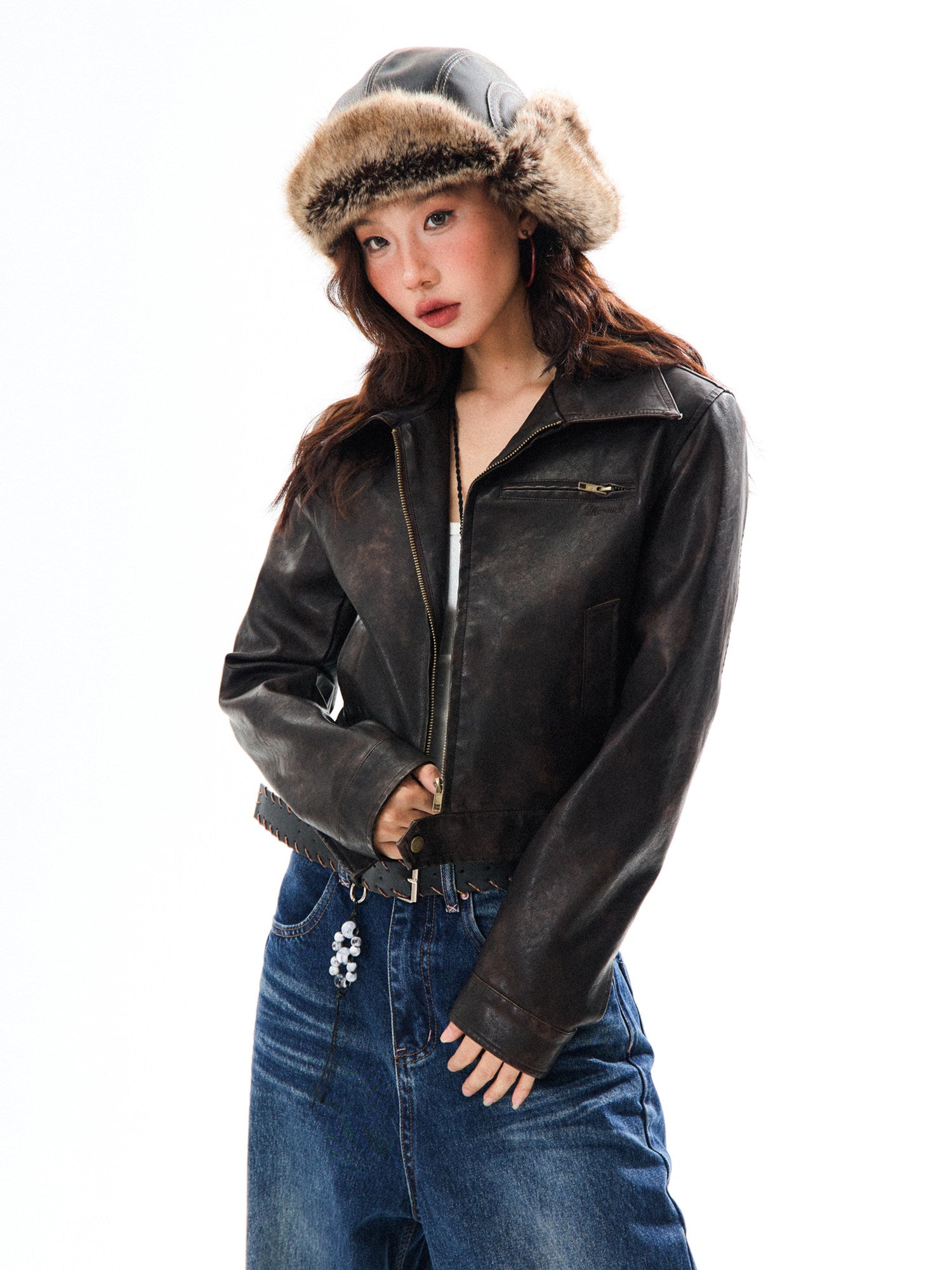 PU Leather Washed Zipper Short Length Jacket