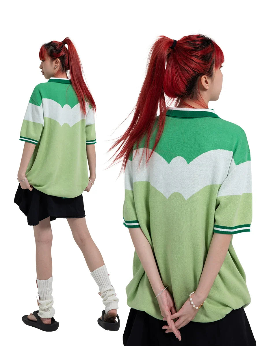 Floral Embroidery Patchwork Oversize Knit Polo Shirt