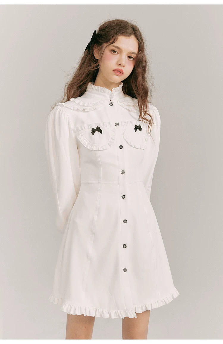 Double Neck Long Sleeve Shirt Dress