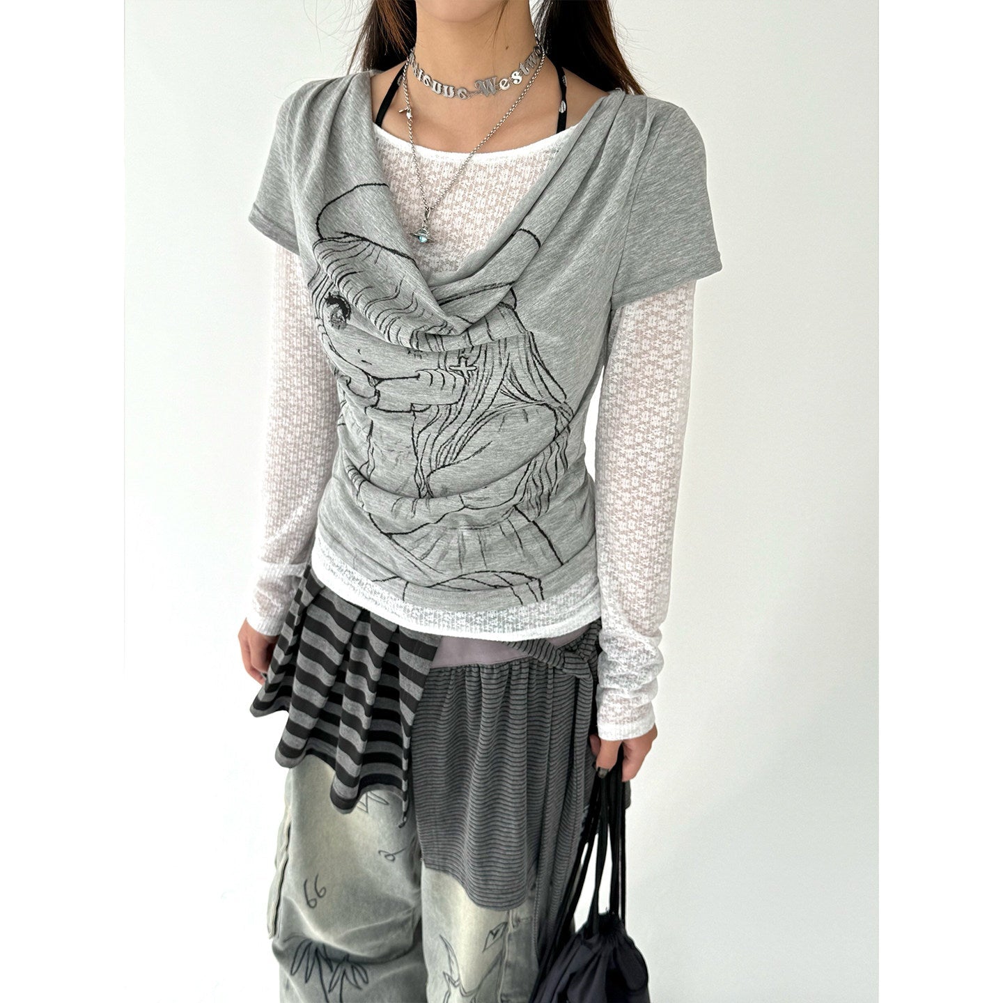 Fake Layered Draped Print Long Sleeve T-Shirt