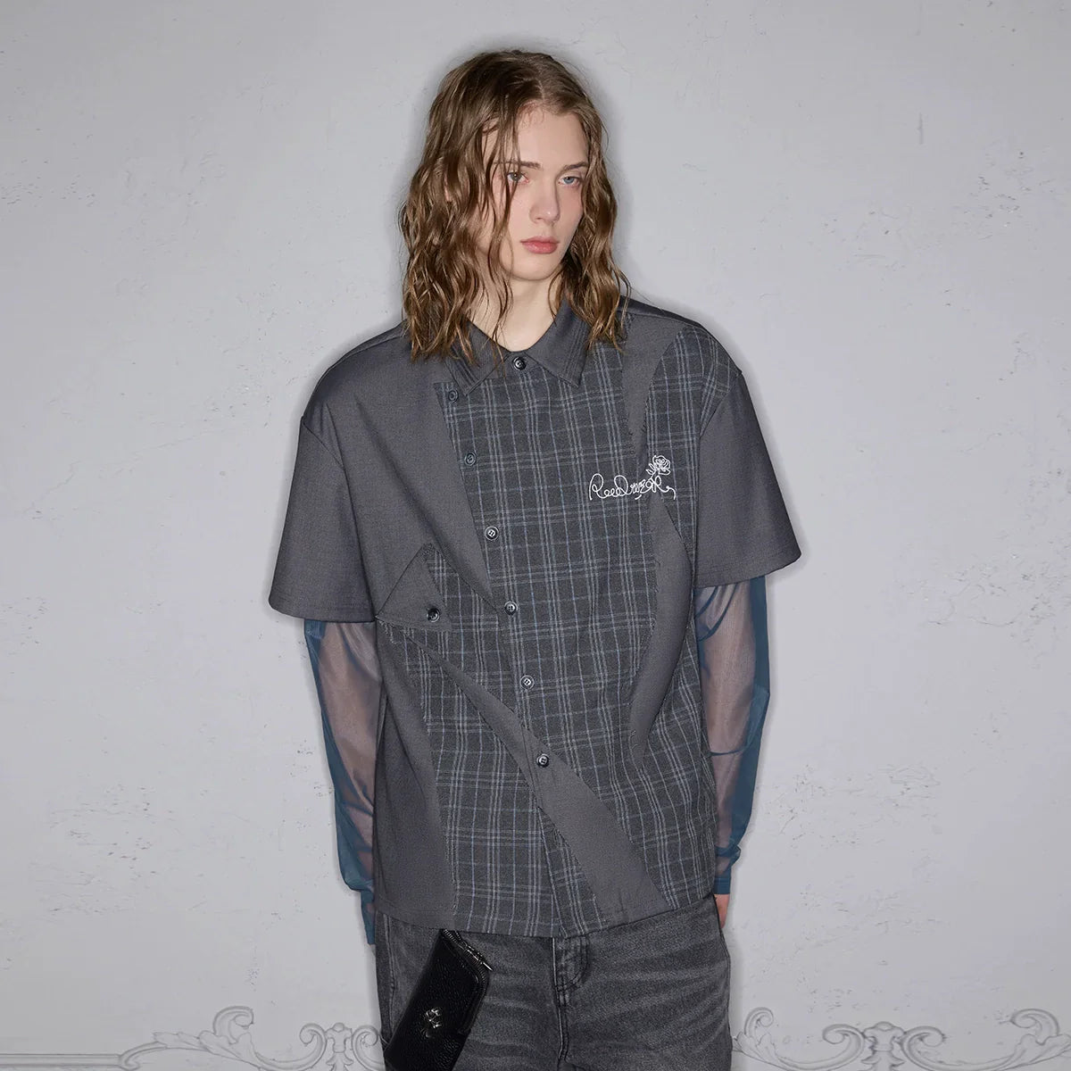 Patchwork Embroidery Asymmetric Oversize Short Sleeve Shirt