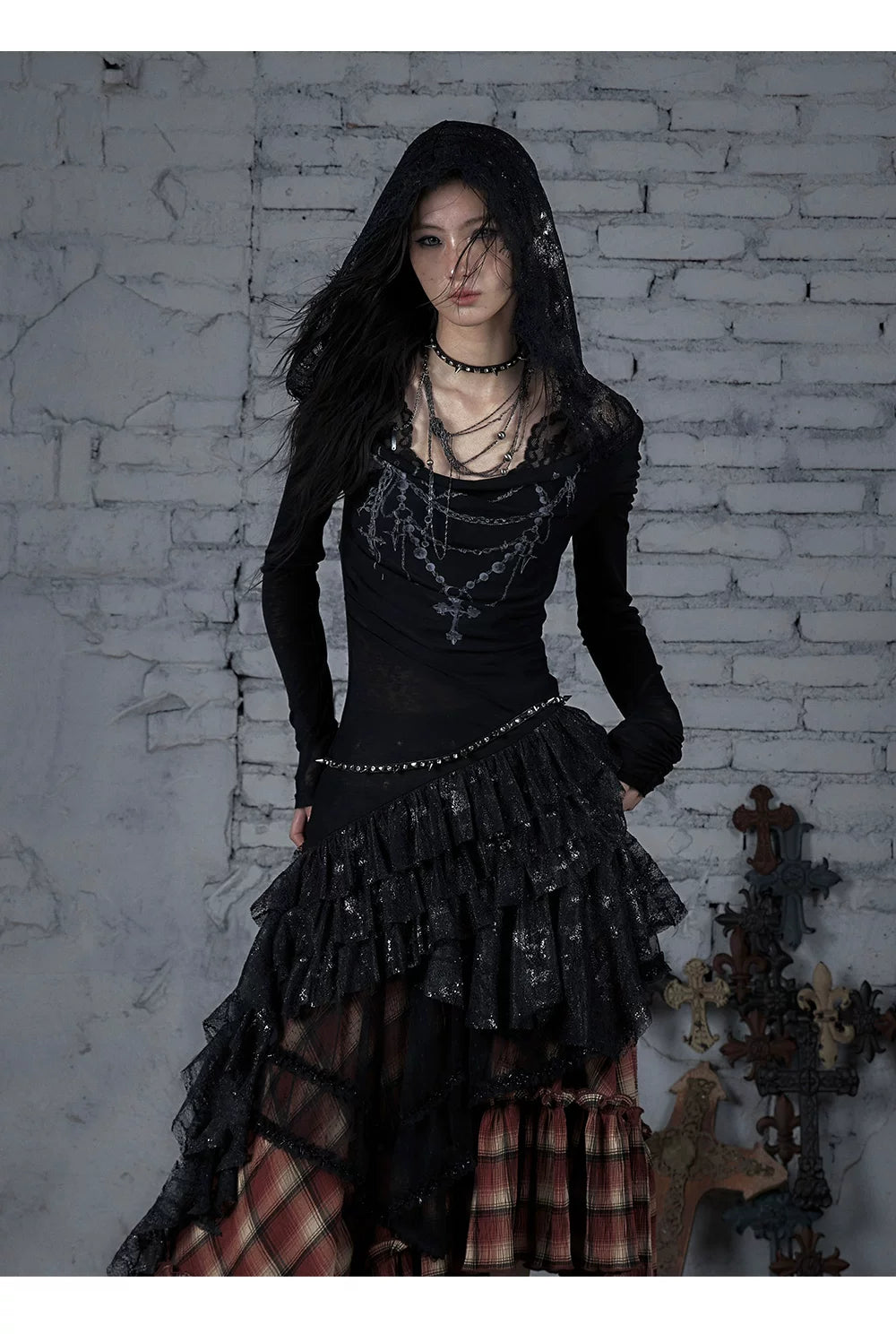 Lace Hooded Asymmetric Ruffle Dress