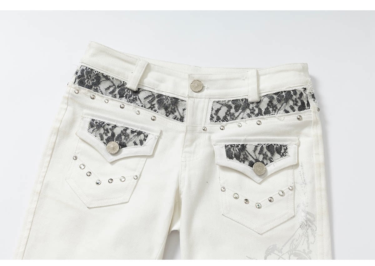 Embroidery Low Rise Straight Denim Jeans