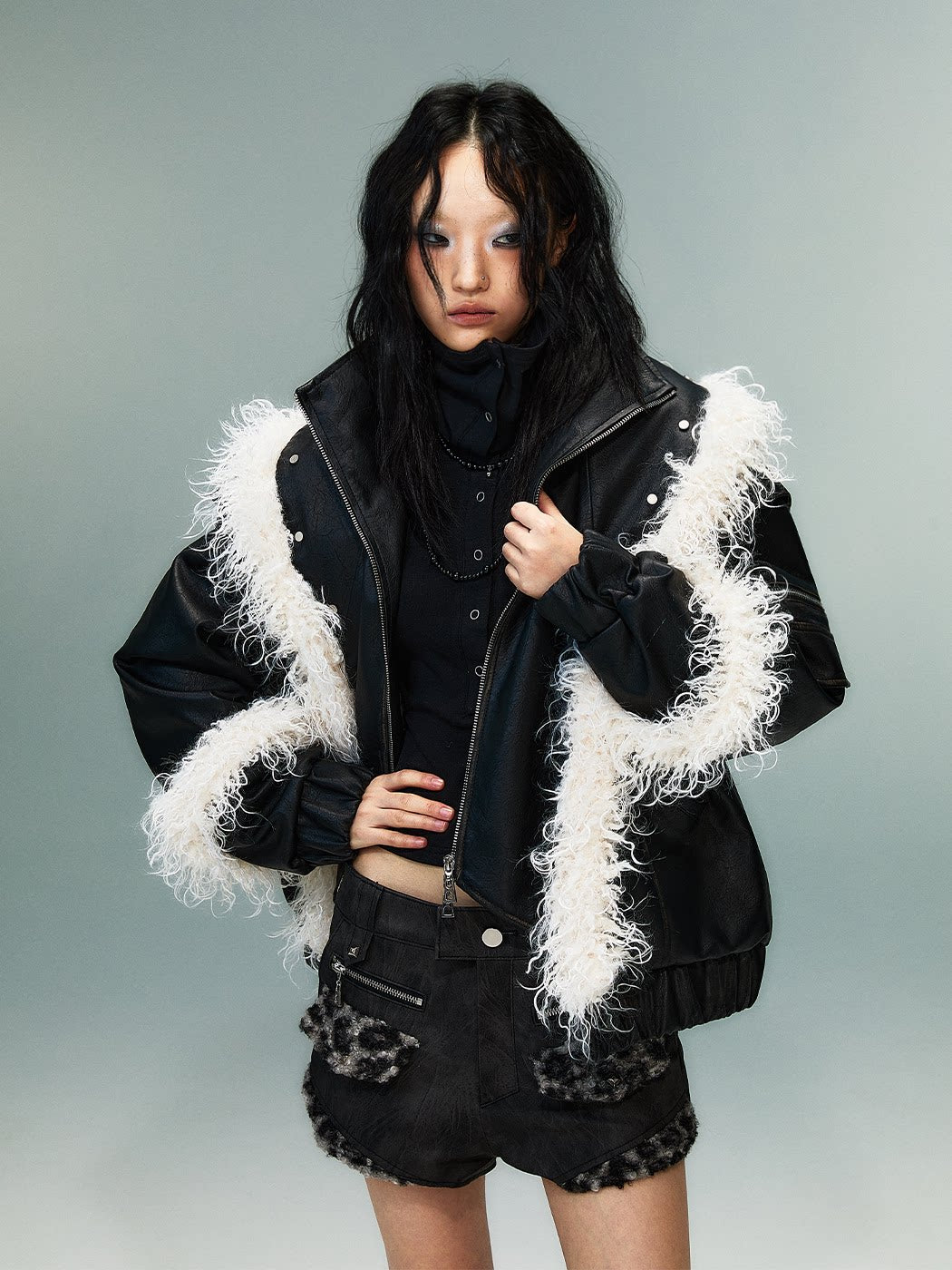 Fake Layered Washed Thickened PU Leather Padded Short Jacket