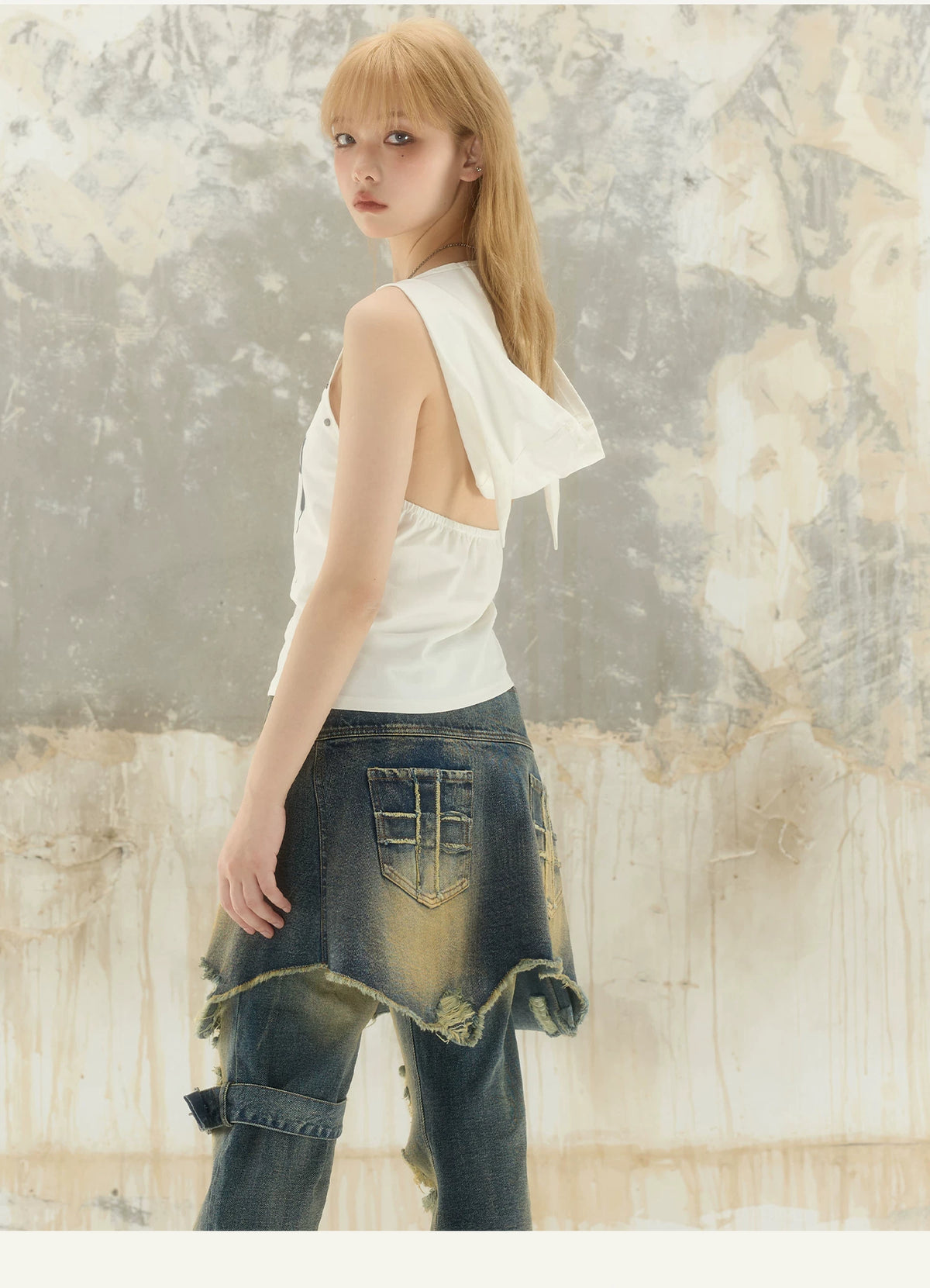 Washed Asymmetrical Adjustable Denim Short Skirt