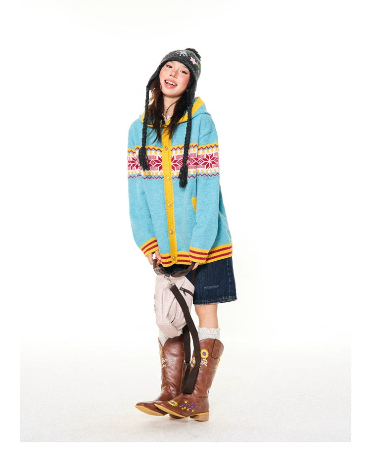 Contrast Pattern Hooded Knit Cardigan
