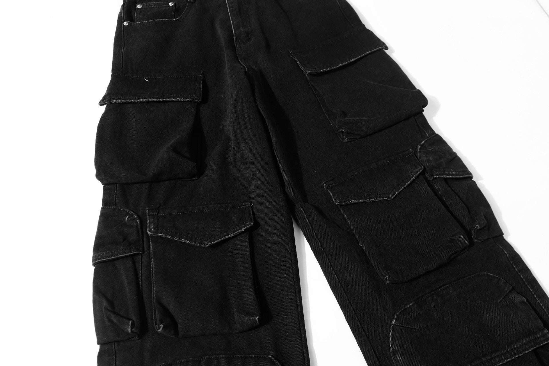 Washed Damage Multi-Pocket Straight Cargo Denim Jeans