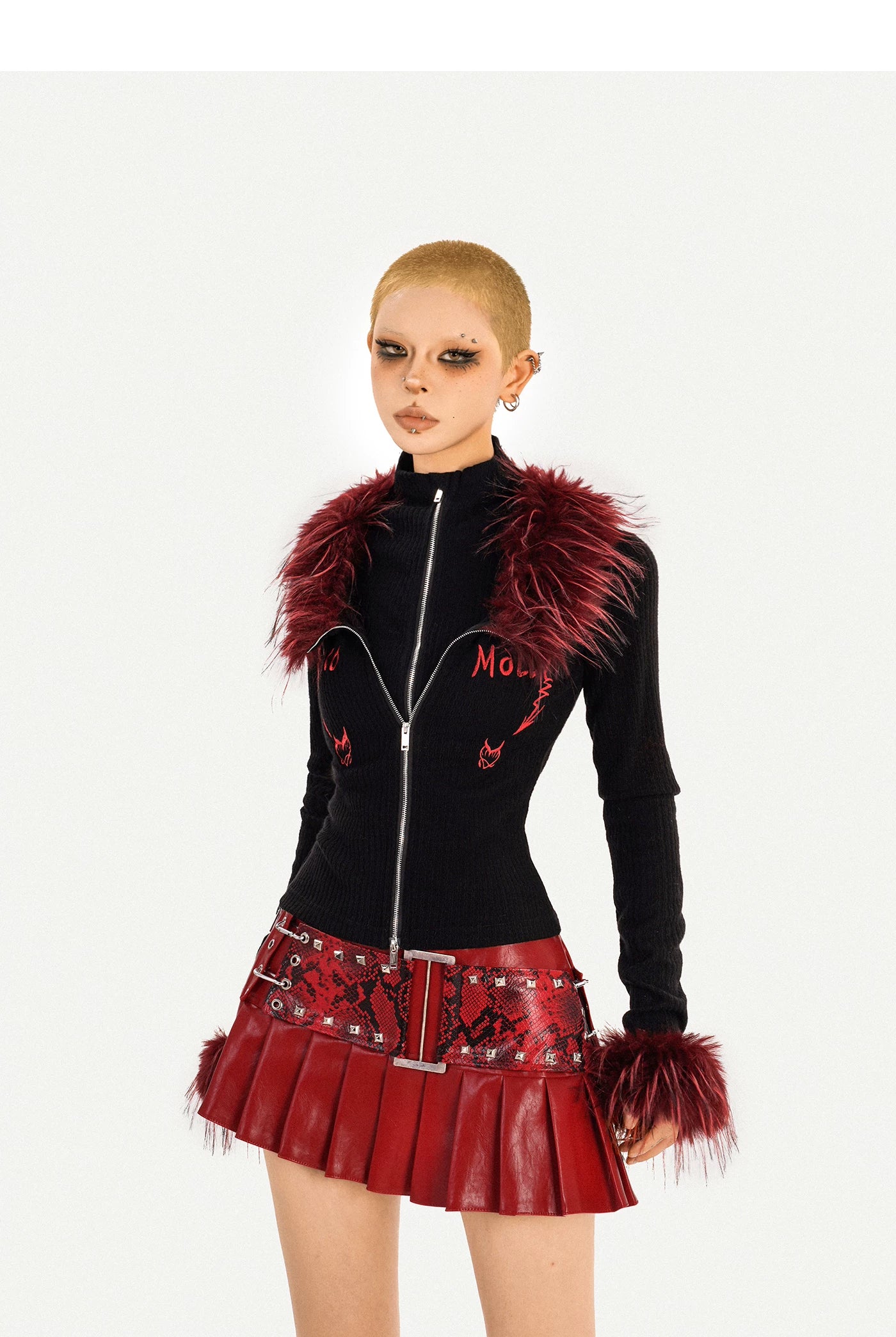 Fake Layered Double Zipper Flame Fake Fur Collar Knit Cardigan