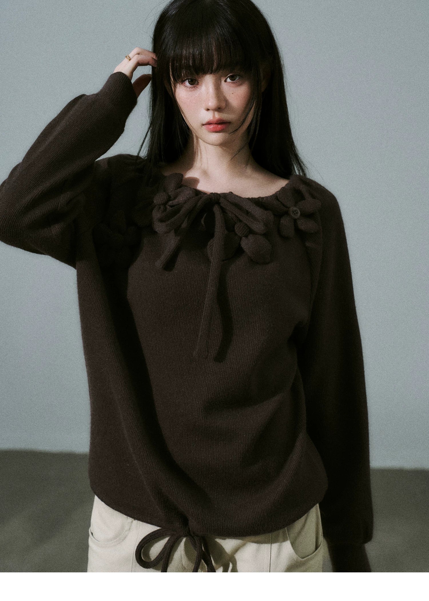 Handmade Flower Drawstring Wool Fake Layered Knit Sweater