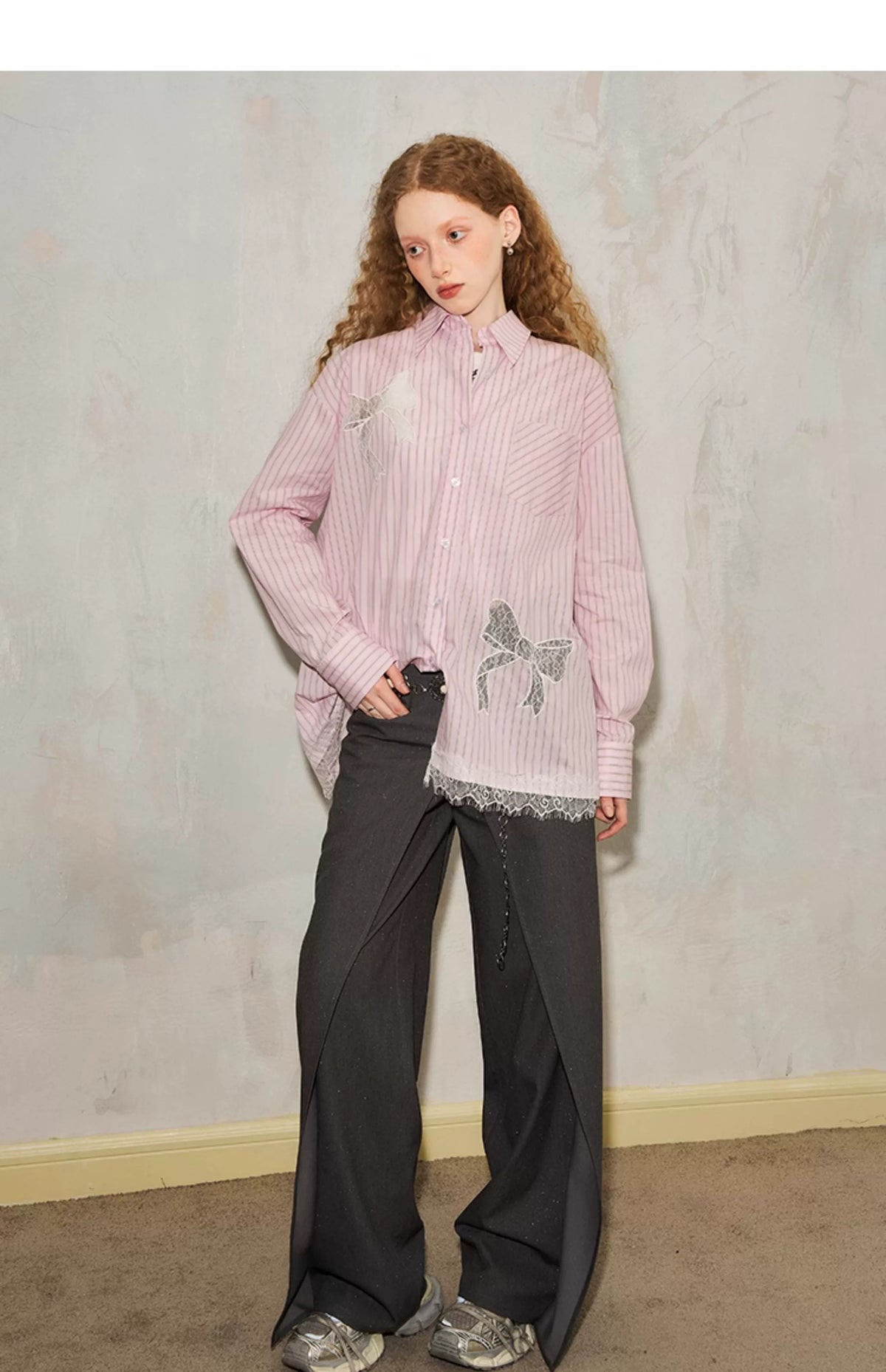 Stripe Lace Hollow Bow Long Sleeve Shirt