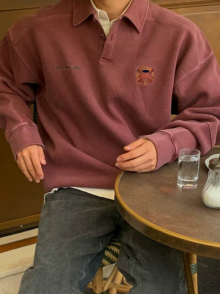 Embroidered Lapel Pullover Long Sleeve Polo Shirt