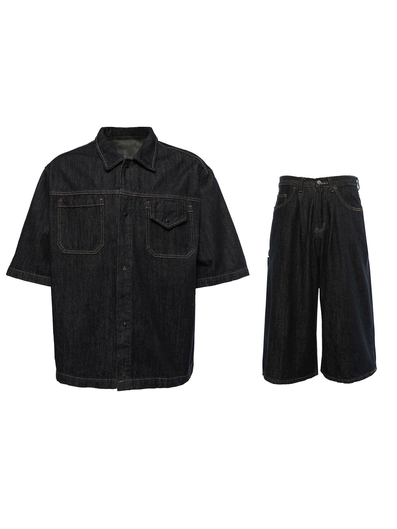 Washed Oversize Short Sleeve Denim Shirt & Half Denim Jeans Setup
