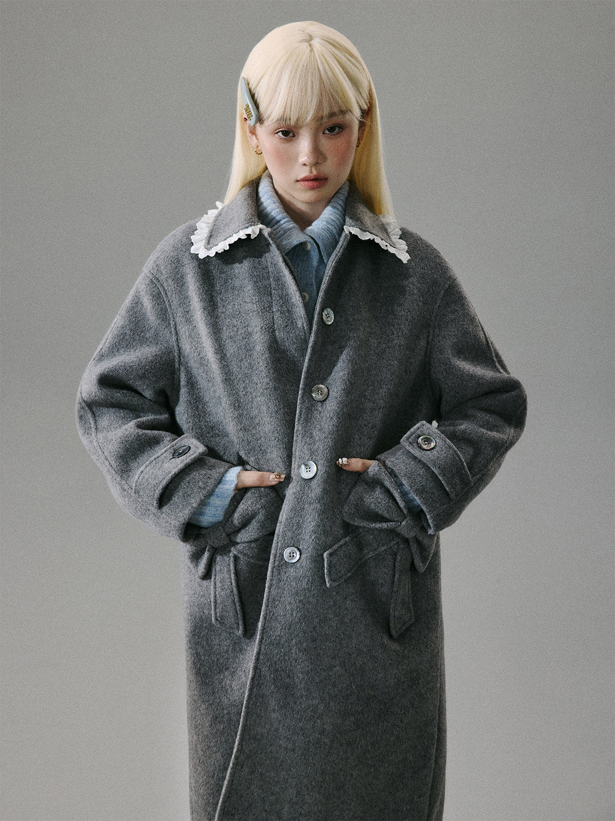 Lace Collar And Ribbon-Detail Coat