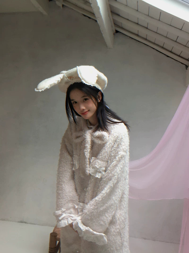Plush Bow Ruffle Long Coat