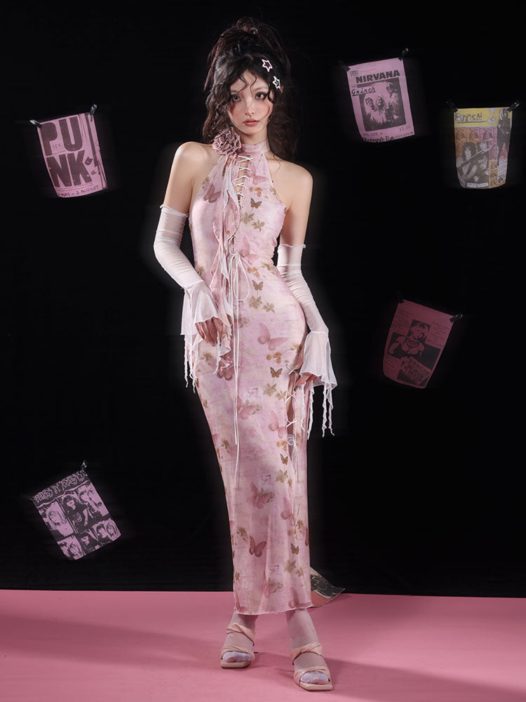 Butterfly Print Slit Tie-Strap Long Cheongsam Dress