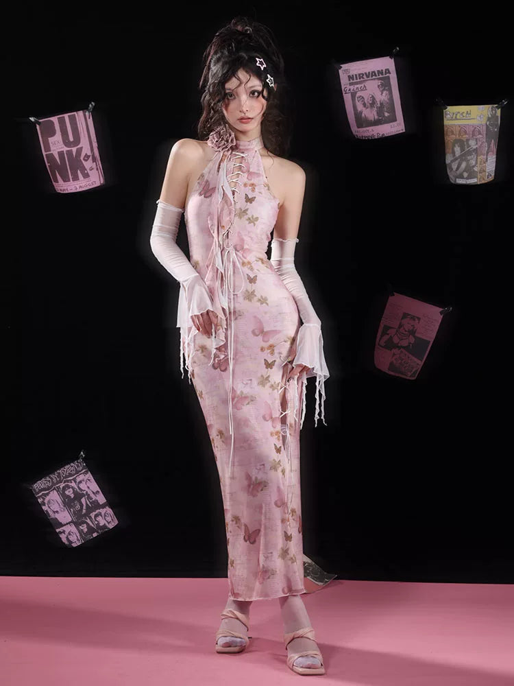 Butterfly Print Slit Tie-Strap Long Cheongsam Dress