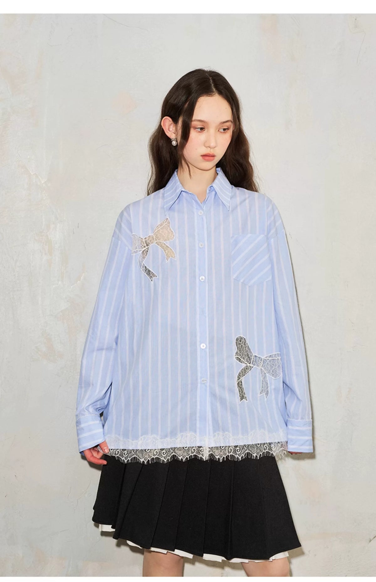 Stripe Lace Hollow Bow Long Sleeve Shirt