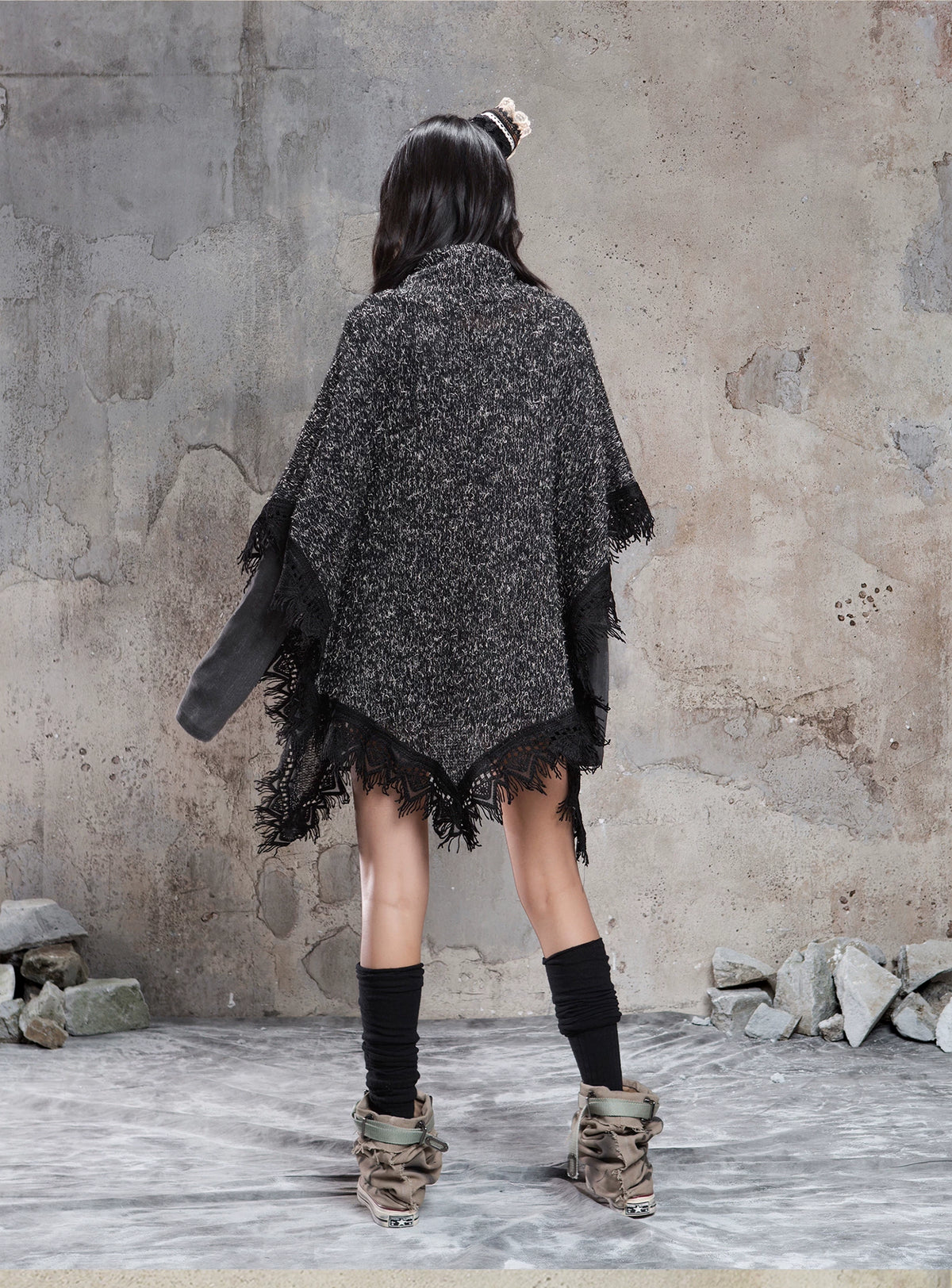 Punk Cross Cape Asymmetric Fringe Knit Sweater