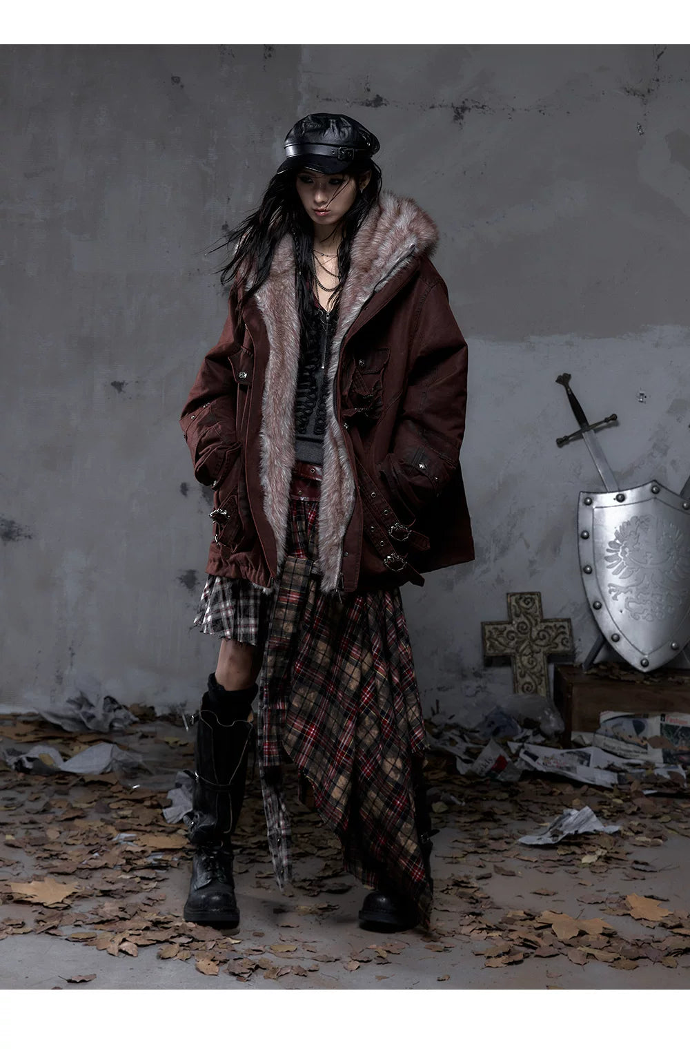 Fake Fur Hooded Multi-Pocket Buckle Detail Jacket