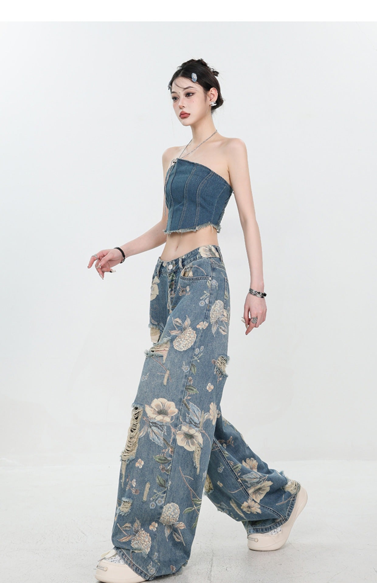 Jean large déchiré à imprimé vintage