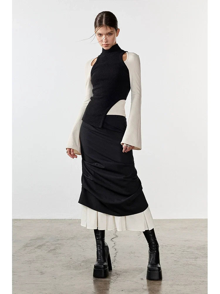 Double Layered Pleated Patchwork Skirt